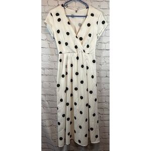 White Polka Dot Midi Dress V Neck Short Sleeve Casual‎ Summer Medium
